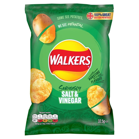 Walkers Salt & Vinegar Crisps 32.5g วอล์คเกอร์ส มันฝรั่งอบกรอบ รสเกลือและน้ำส้มสายชู 32.5 กรัม