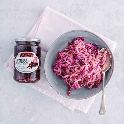 Baxters Shredded Beetroot Pickled in Sweet Malt Vinegar 340g แบ็กซ์เตอร์ บีทรูท ฝอยดอง ในน้ำส้มสายชูมอลต์หวาน 340 กรัม