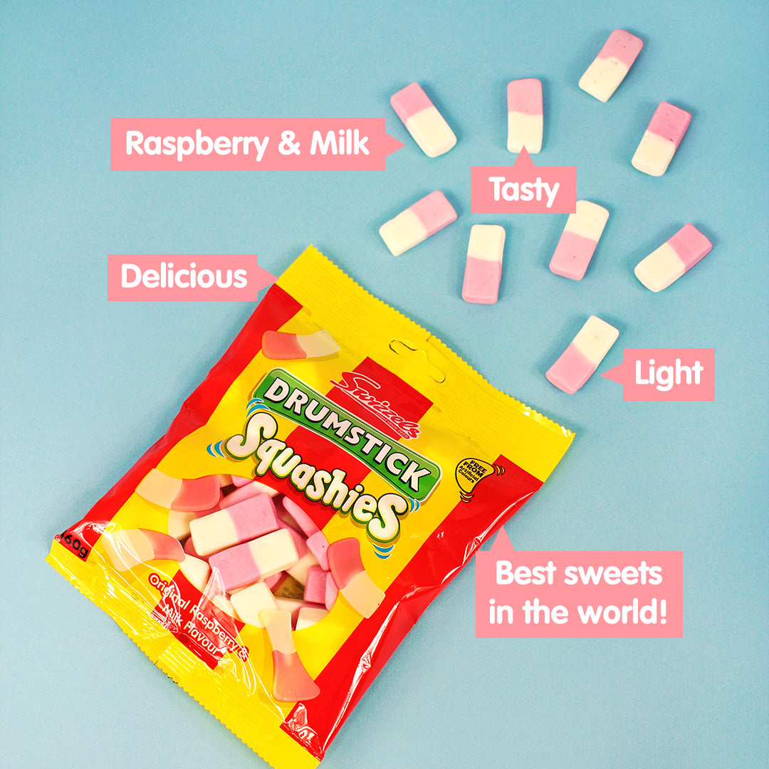 Swizzels Drumstick Squashies Original Raspberry & Milk Flavour 120g สวิสเซอร์แลนด์ หมากฝรั่งรสราสเบอร์รี่ และ นม  120 กรัม