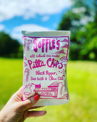 Soffles Pitta Chips Black Pepper Sea Sall & Olive Oil Pitta Chips 165g ซอฟเฟล่ พิตต้าชิปส์ พริกไทยดำ เกลือทะเล และน้ำมันมะกอก พิตต้าชิปส์ แบบอบกรอบ 165 กรัม