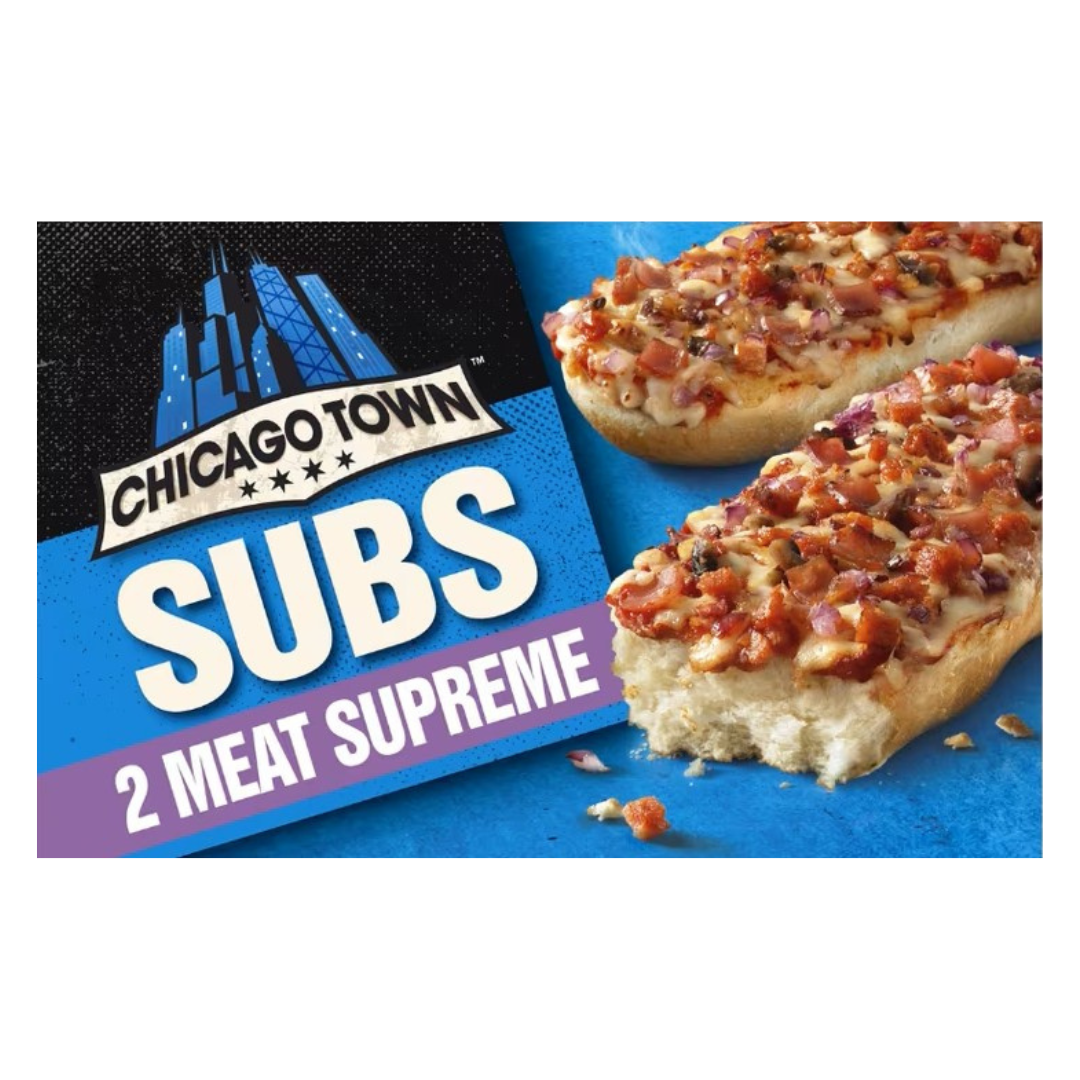 Chicago Town Sub Meat Supreme Pizzas 2 Pcs 250g ชิคาโก ทาวน์ พิซซ่า ขนมปังกรอบ ท็อปด้วยชีสเอดัม หัวหอมแดง แฮมสุก เปปเปอโรนี และ เห็ดในซอสมะเขือเทศ 2 ชิ้น 250 กรัม