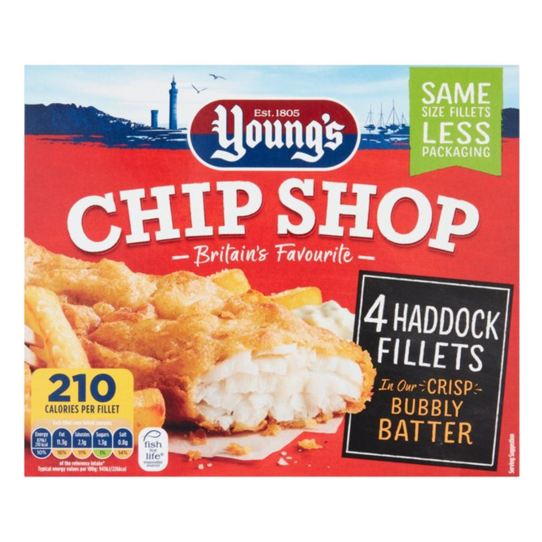 Young's Chip Shop 4 Haddock Fillets 400g ยังส์ ชิปส์ เนื้อปลาแฮดด็อค 4 ชิ้น 400 กรัม