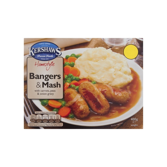 Kershaws Homestyle Bangers and Mash with Carrots, Peas and Onion Gravy 400g เคอร์ชอว์ โฮมสไตล์ ไส้กรอกและบดกับแครอท ถั่วและน้ำเกรวี่หัวหอม 400 กรัม