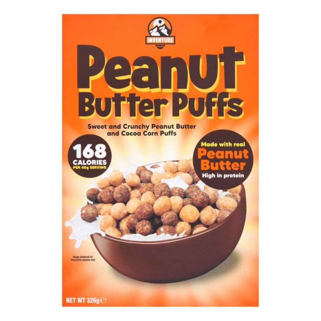 [Best Before 10-Nov-2024] Inventure Peanut Butter Puffs 326g อินเวนเจอร์ พัฟข้าวโพดเคลือบเนยถั่วลิสง และ โกโก้กรุบกรอบ รสหวาน 326 กรัม