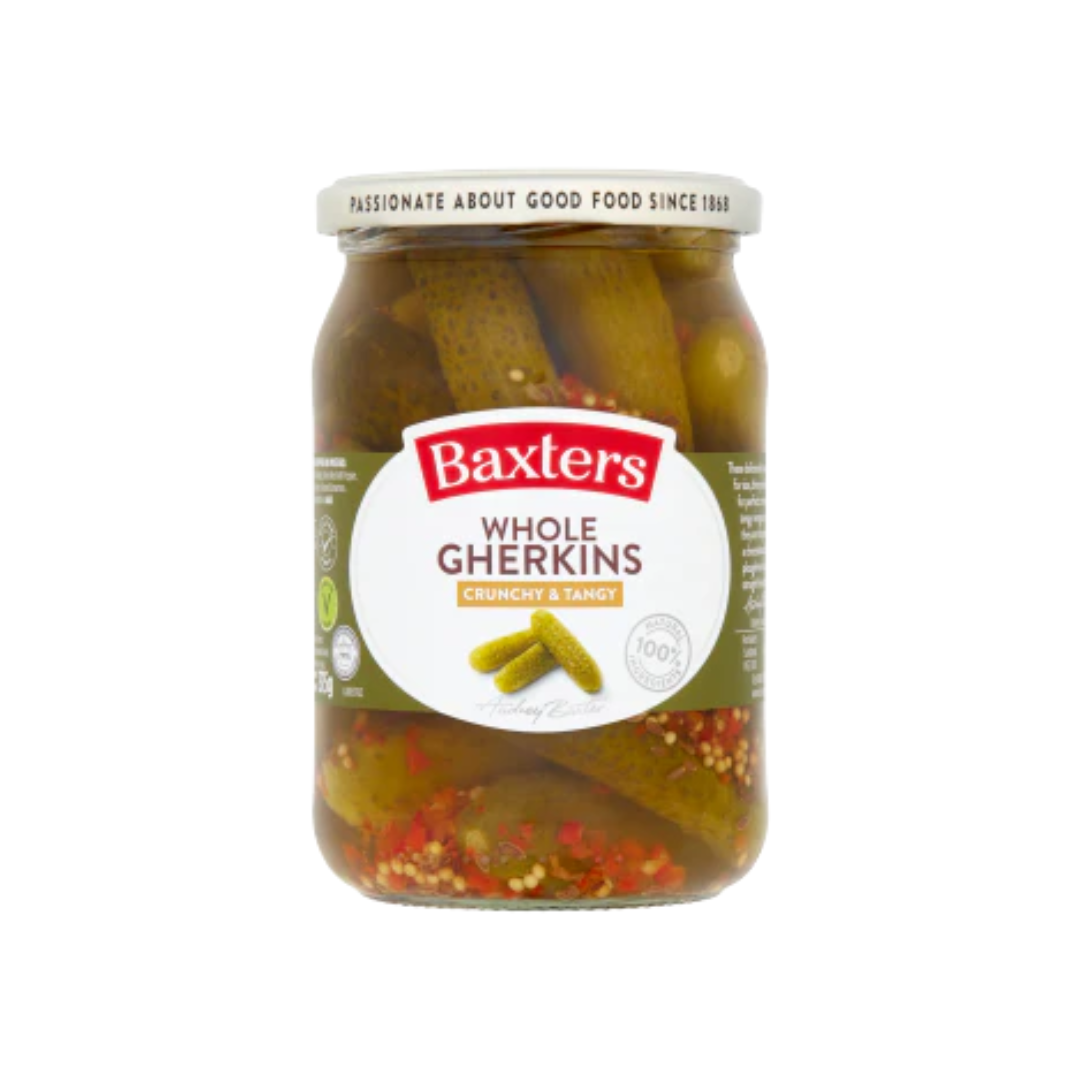 Baxters Whole Gherkins Crunchy & Tangy 600g แบ็กซ์เตอร์ แตงกวาดองรสเปรี้ยว  ในขวดแก้ว 600 กรัม