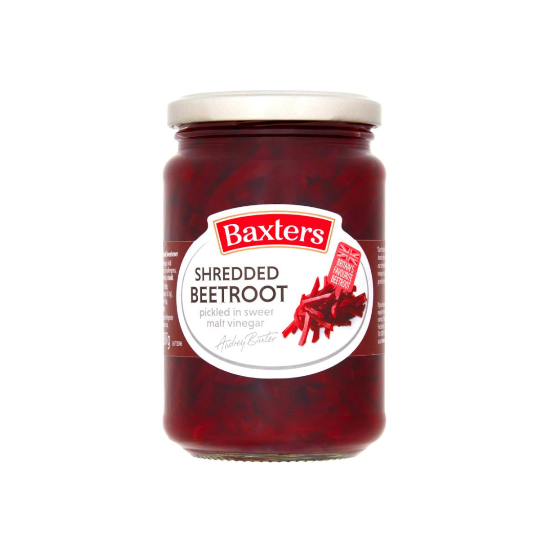 Baxters Shredded Beetroot Pickled in Sweet Malt Vinegar 340g แบ็กซ์เตอร์ บีทรูท ฝอยดอง ในน้ำส้มสายชูมอลต์หวาน 340 กรัม