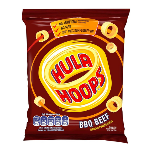 Hula Hoops BBQ Beef Crisps 34g ฮูล่าฮูปส์ มันฝรั่งกรอบ รสเนื้อบาร์บีคิว 34กรัม