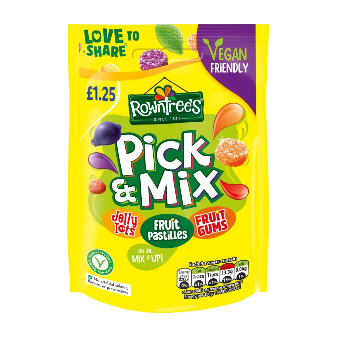 Rowntree's Pick & Mix Vegan Friendly Sweets Sharing Bag 150g  โรว์ทรี ลูกอมรสผลไม้ และ หมากฝรั่งรสผลไม้ 150 กรัม