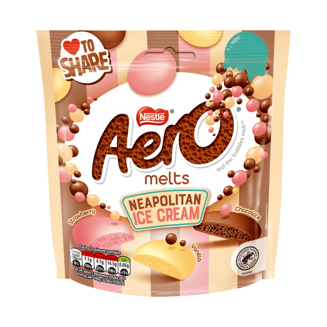 Aero Melts Neapolitan Ice Cream 86g แอโรเมลท์ ช็อกโกแลตนม รสสตรอว์เบอร์รี และ วานิลลา 86 กรัม