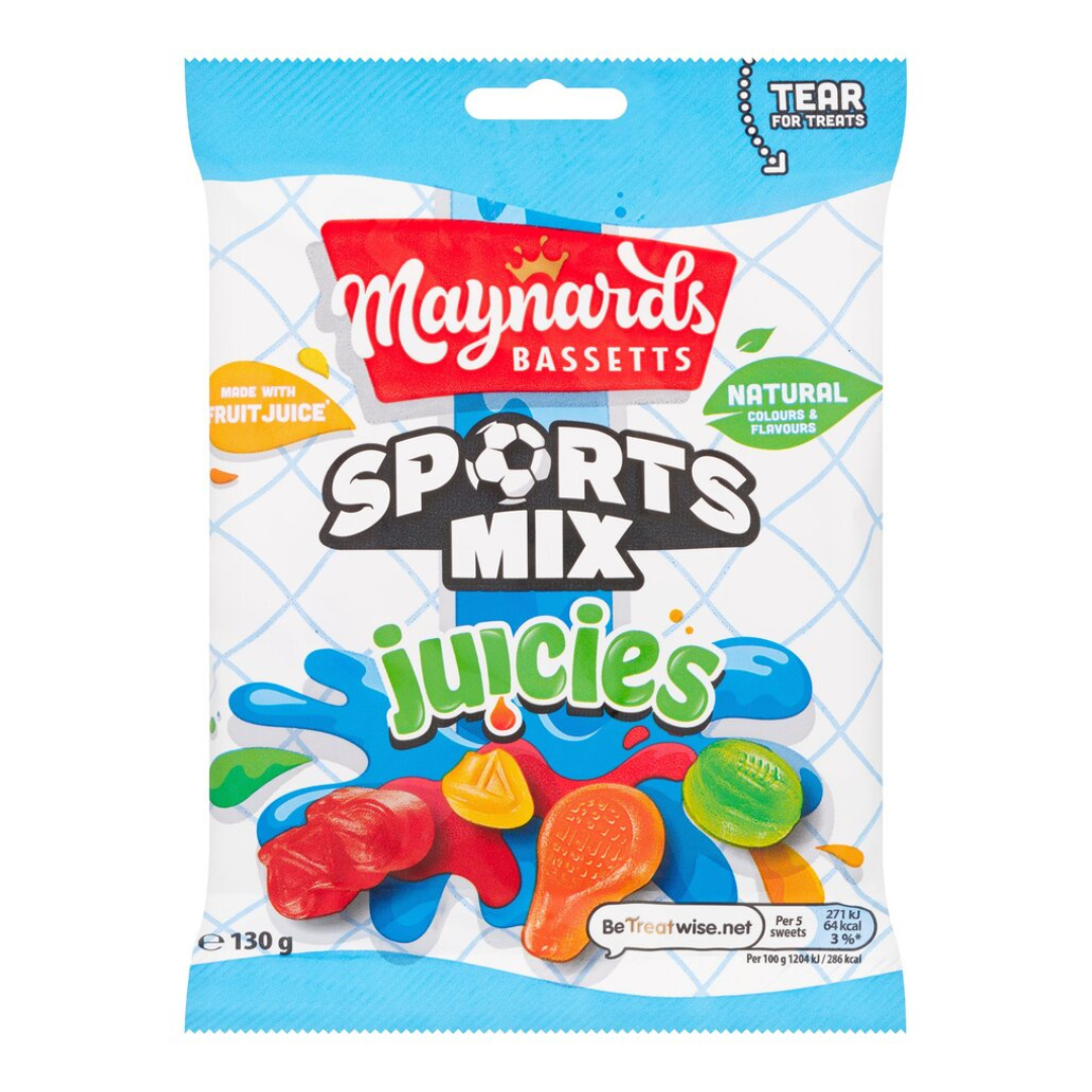 Maynards Bassetts Sports Mix Sweets Bag 130g เมย์นาร์ด บาสเซตต์ หมากฝรั่งรสผลไม้แสนอร่อยพร้อมน้ำผลไม้พิเศษ แบบซอง 130 กรัม