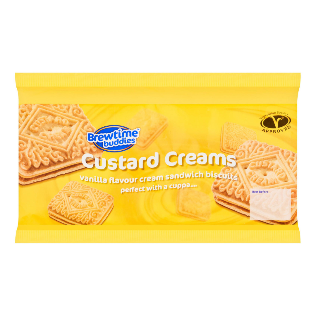 Brewtime Buddies Custard Creams Vanilla Flavoured Cream Sandwich Biscuits 300g บรูว์ไทม์ บัดดี้ส์ คัสตาร์ดครีม บิสกิตแซนวิชรสวานิลลา 300 กรัม