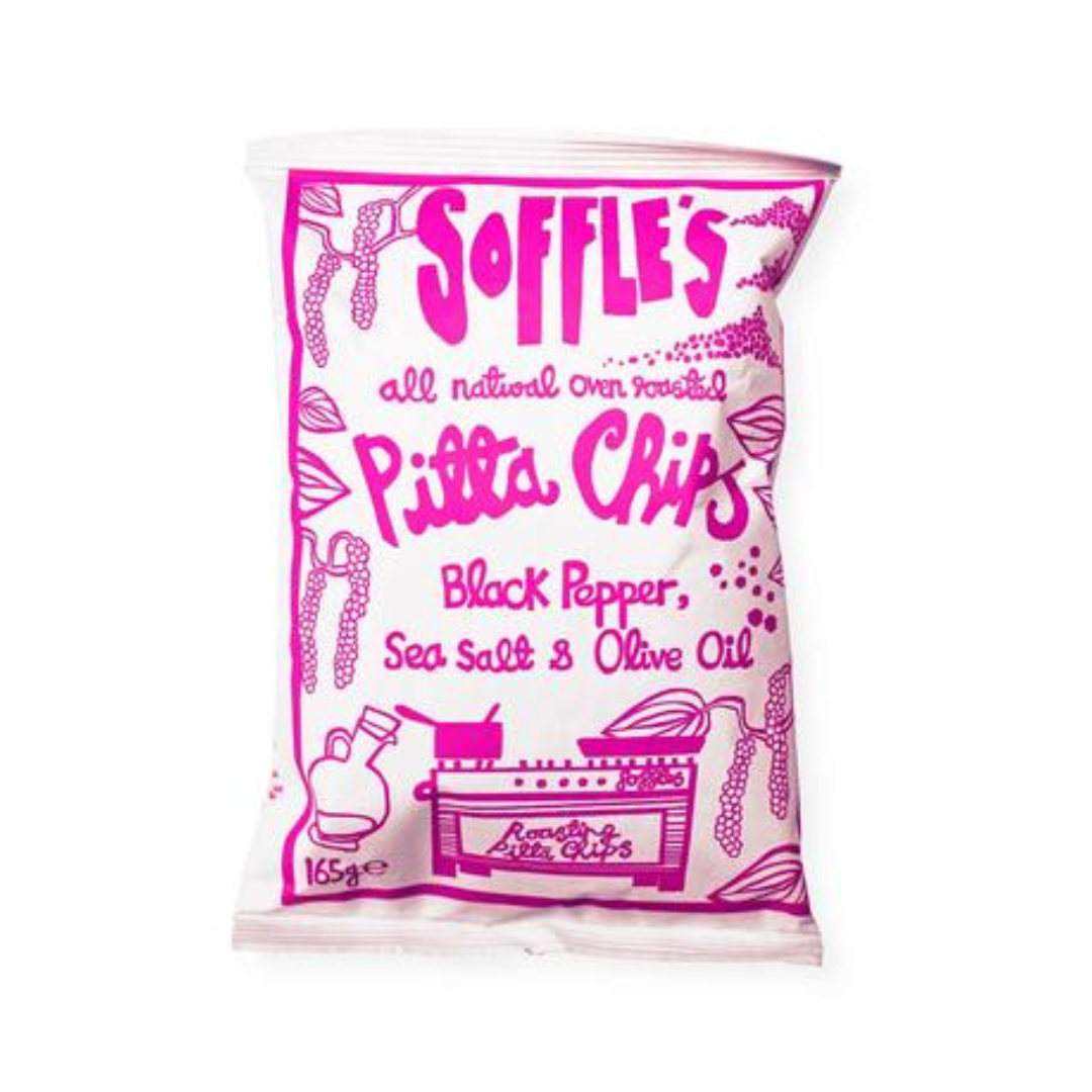 Soffles Pitta Chips Black Pepper Sea Sall & Olive Oil Pitta Chips 165g ซอฟเฟล่ พิตต้าชิปส์ พริกไทยดำ เกลือทะเล และน้ำมันมะกอก พิตต้าชิปส์ แบบอบกรอบ 165 กรัม