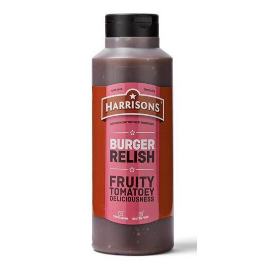 Harrisons Burger Relish Fruity Tomatoey Delicousness 1 Litre แฮร์ริสัน แฮร์ริสันส์ ซอส เบอร์เกอร์ รสผลไม้ มะเขือเทศ แบบขวดบีบ 1 ลิตร