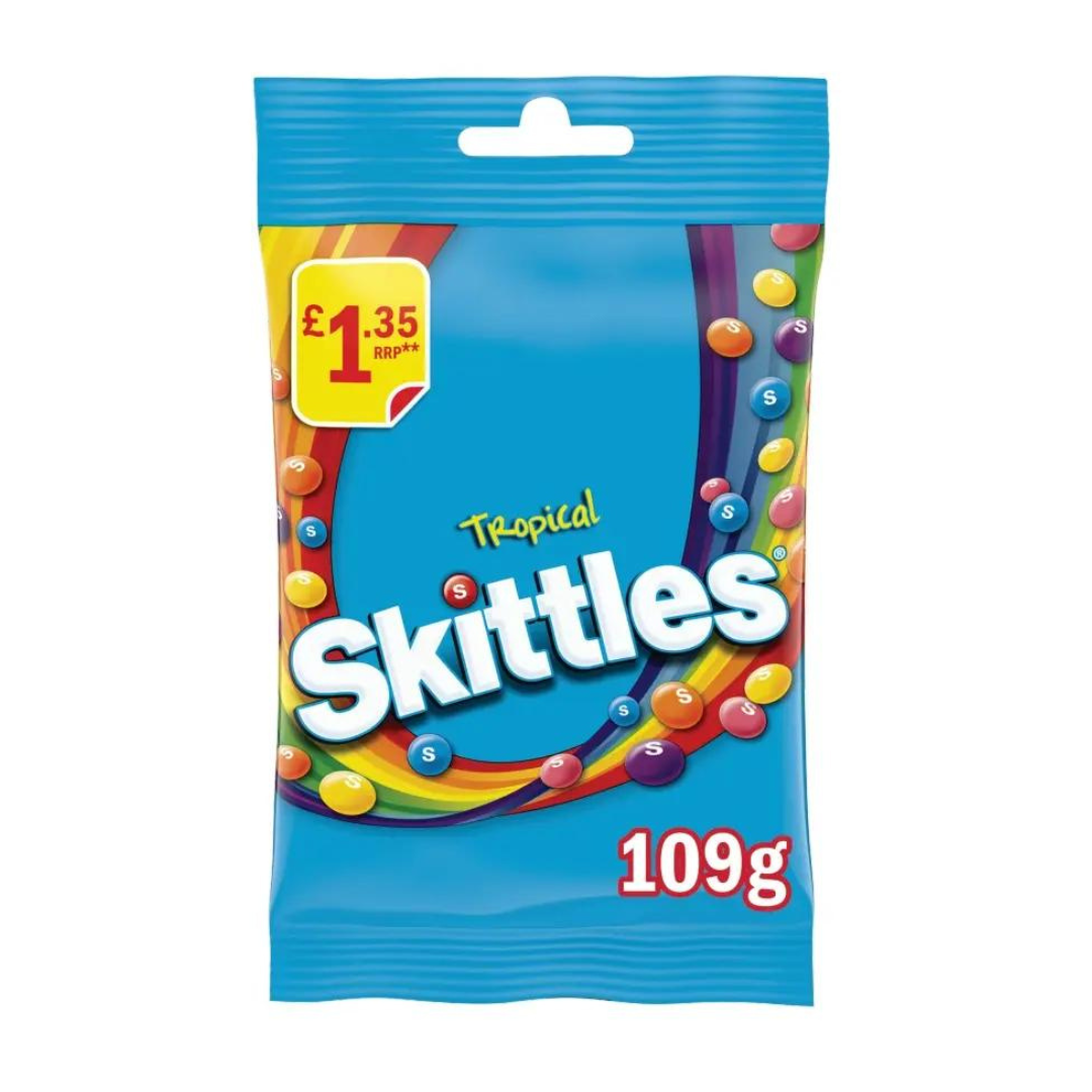 Skittles Chewy Sweets Tropical Fruit Flavoured Treat Bag Candy 109g สกิตเทิลส์ ชูวี่สวีท ลูกอมรสผลไม้ 109 กรัม