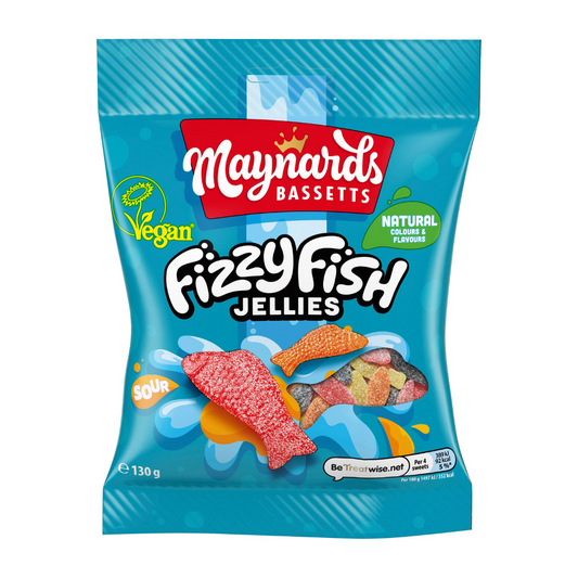 Maynards Bassetts Fizzy Fish Jellies 130g เมย์นาร์ด บาสเซตต์ ฟิซซี่ ฟิช เยลลี่ 130 กรัม