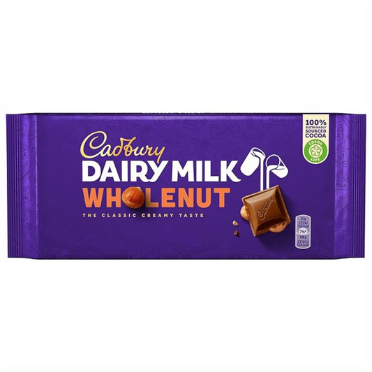 Cadbury Dairy Milk Chocolate Whole Nut 180g  แคดเบอรี แดรีมิลค์ ช็อกโกแลตนมผสมถั่วเฮเซลนัท 180g