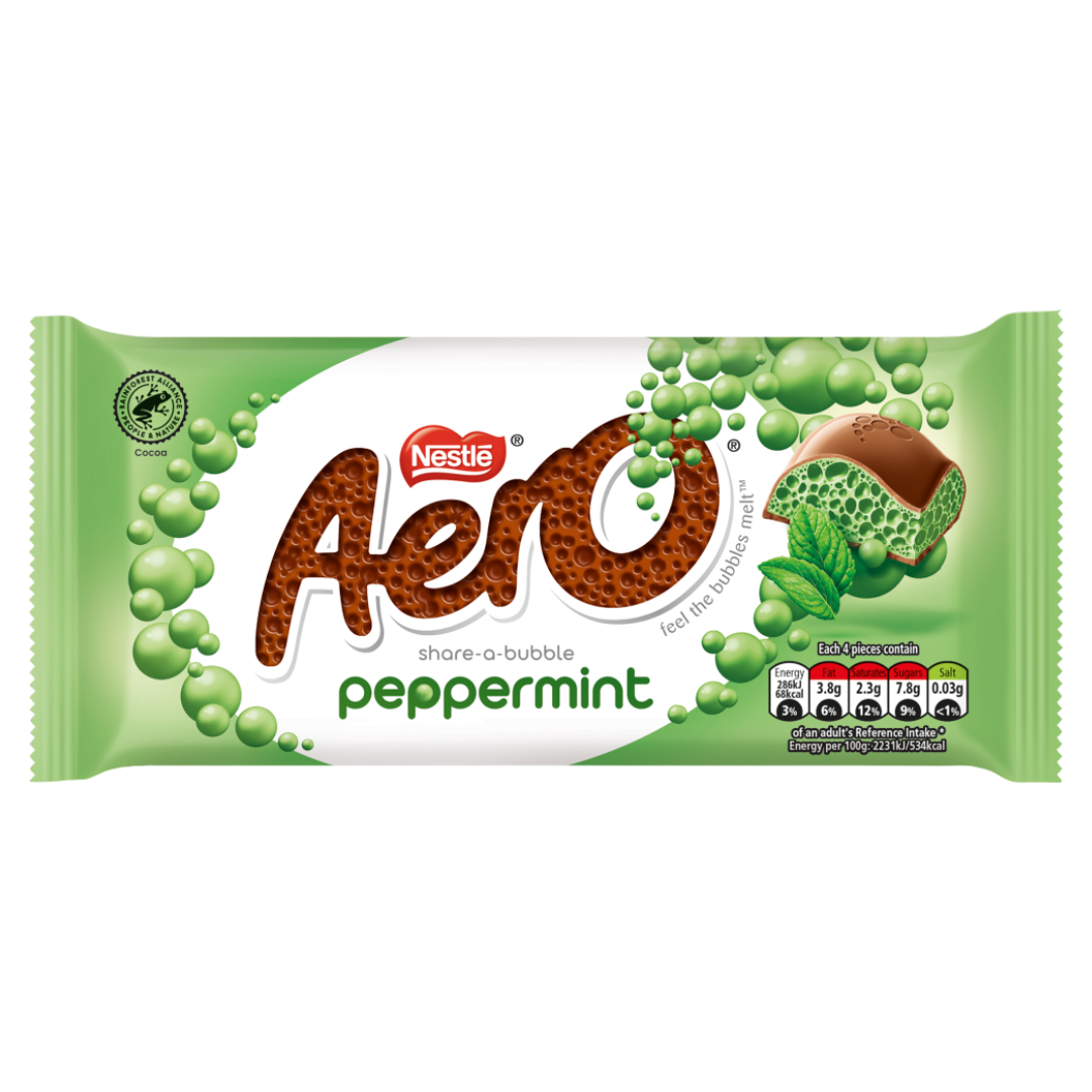 Aero Bubbly Peppermint Mint Chocolate Bar Multipack [27gx4] 108g แอร์โร่ บับบลี่ ช็อกโกแลต เปปเปอร์มินต์  มัลติแพ็ค [27กรัมx4] 108 กรัม