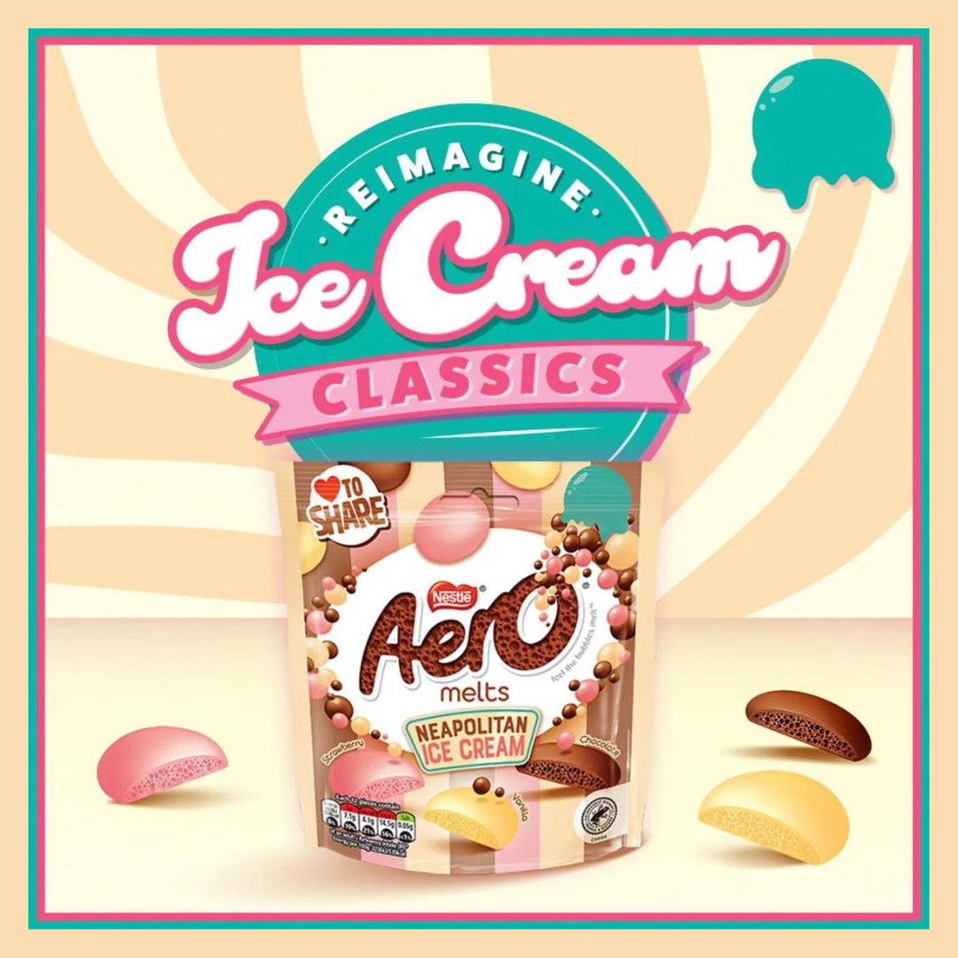 Aero Melts Neapolitan Ice Cream 86g แอโรเมลท์ ช็อกโกแลตนม รสสตรอว์เบอร์รี และ วานิลลา 86 กรัม