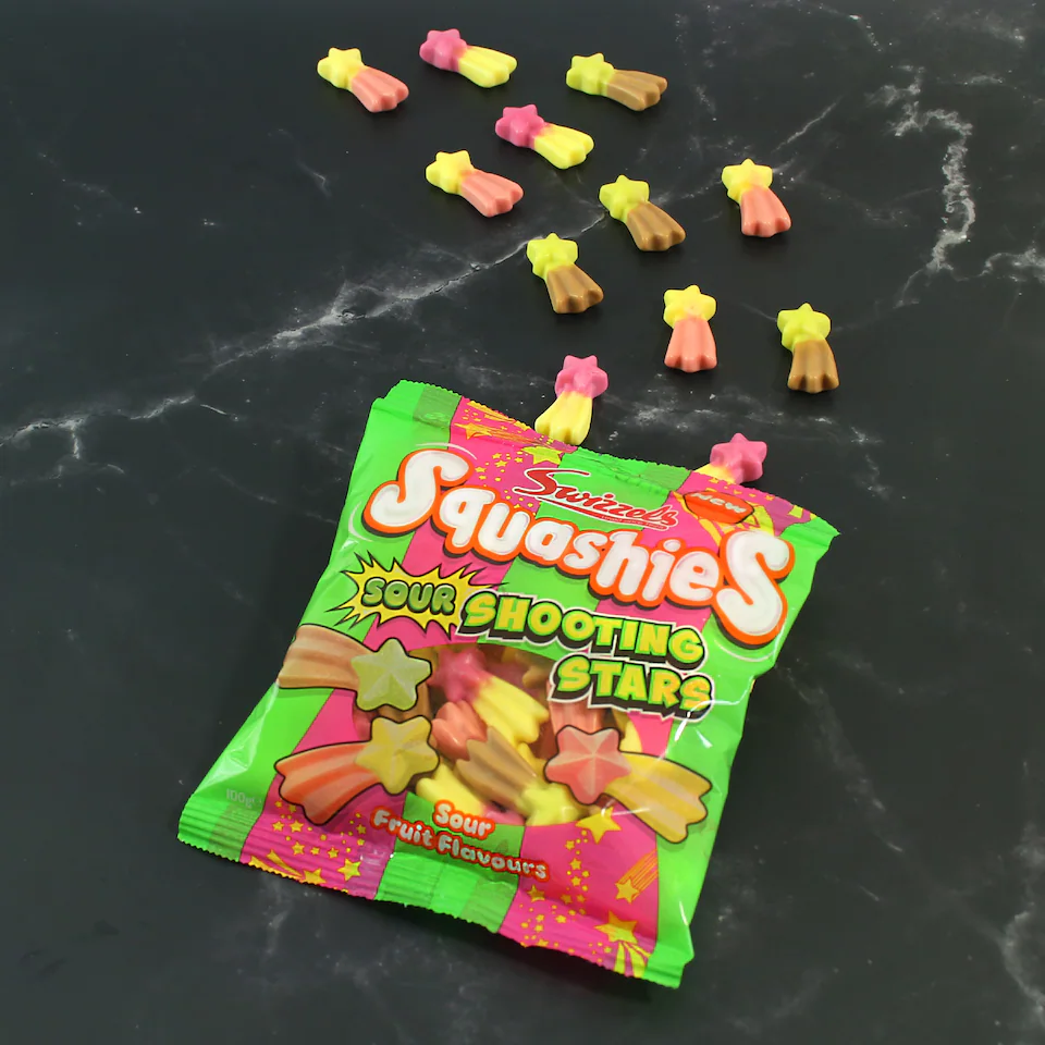 Swizzels Squashies Sour Shooting Stars 100g สวิซเซลส์ สควอชชี่ส์ รสเปรี้ยว ชูตติ้ง สตาร์ส 100 กรัม