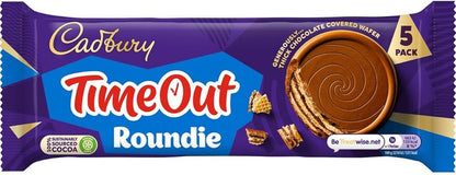 Cadbury Time Out 5 Roundie 150g แคดเบอรี เวเฟอร์สอดไส้รสโกโก้ เคลือบด้วยช็อกโกแลตนม 5 ราวดี้ 150 กรัม