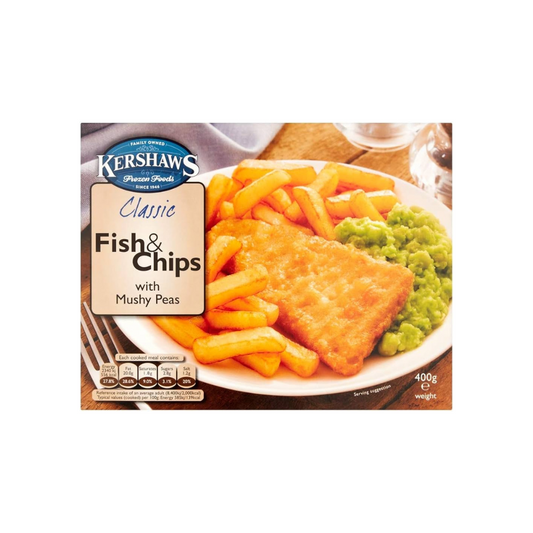 Kershaws Fish & Chips 400g เคอร์ชอว์ส เนื้อปลาเนื้อขาวเคลือบด้วยแป้งกรอบพร้อมมันฝรั่งทอดและถั่วลันเตา 400 กรัม