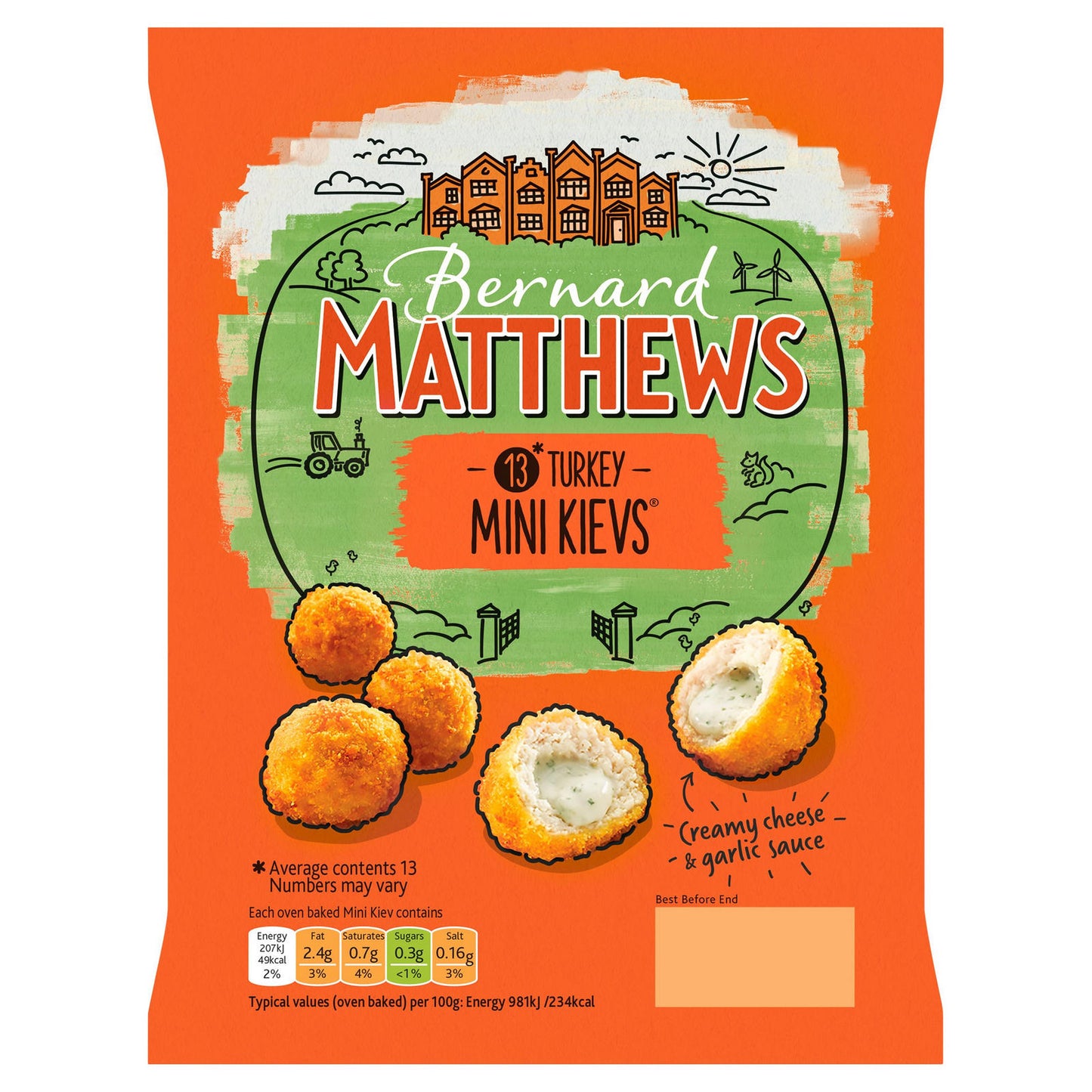 Bernard Matthews 13 Turkey Mini Kievs 295G เบอร์นาด ไก่งวงสับเป็นรูปทรง สอดไส้ชีสและซอสกระเทียม ชุบเกล็ดขนมปัง 295 กรัม