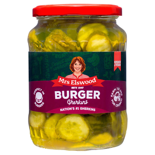 Mrs Elswood Burger Gherkins 670g มิสซิส เอลส์วู้ด แตงกวาสไลส์ดองในน้ำส้มสายชูผสมเมล็ดมัสตาร์ด 670 กรัม