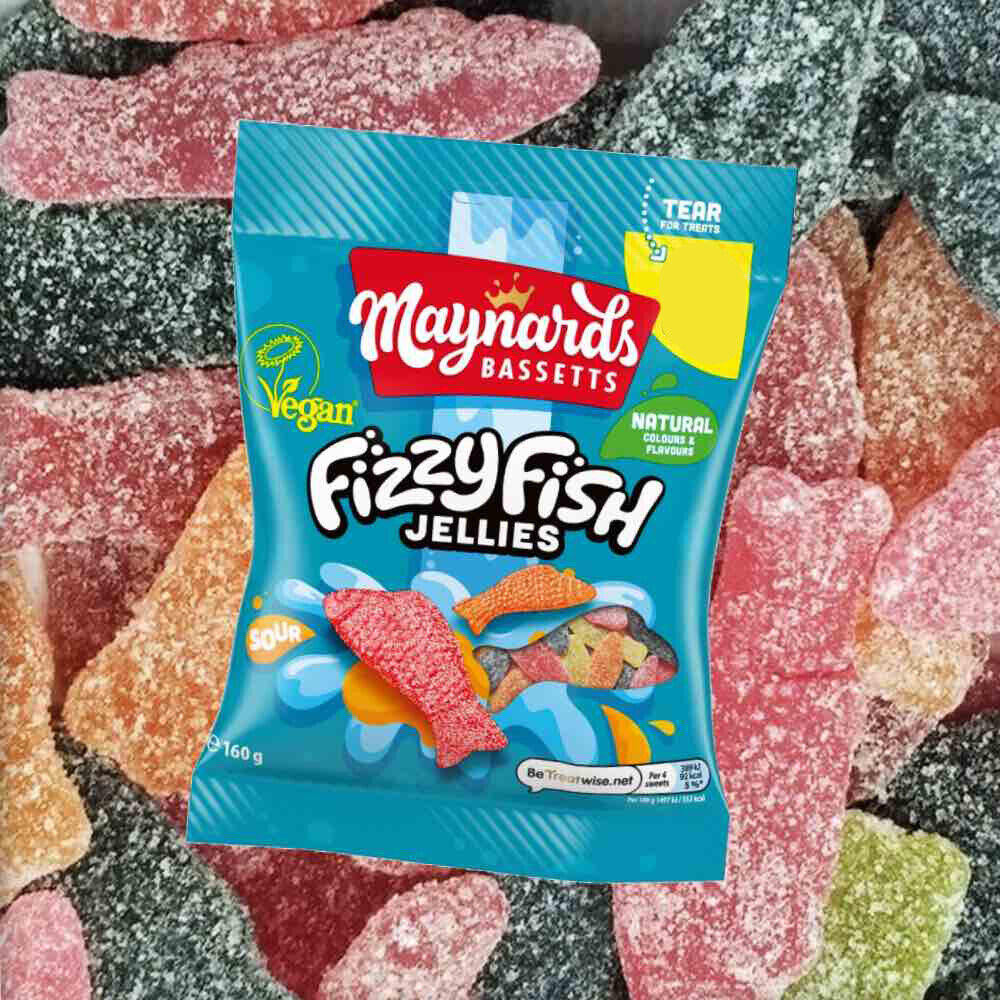 Maynards Bassetts Fizzy Fish Jellies 130g เมย์นาร์ด บาสเซตต์ ฟิซซี่ ฟิช เยลลี่ 130 กรัม