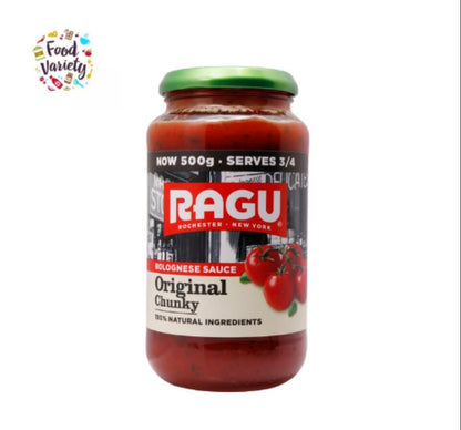 Ragu Bolognese Original Chunky Pasta Sauce 500g รากู ซอสโบโลเนสก้อนดั้งเดิมซอสนิยมรับประทานกับเส้นพาสต้า และใช้เป็นส่วนประกอบของลาซานญ่า  500g