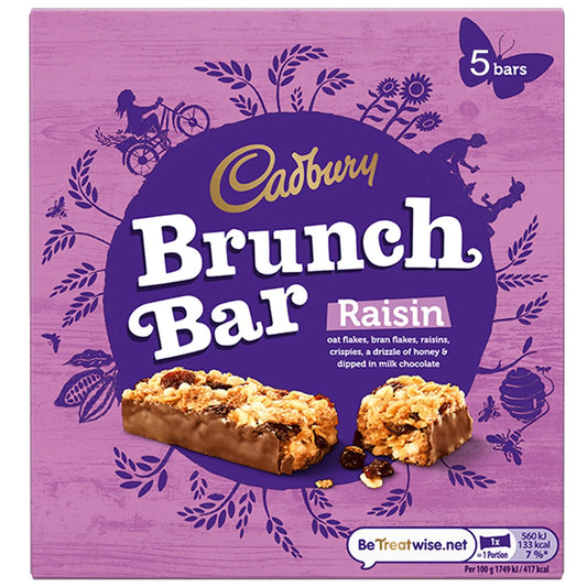 Cadbury Brunch Bar Raisin 160g (5 Bars) แคดเบอรี บรันช์ บาร์ เรซิน 160กรัม (5 แท่ง)