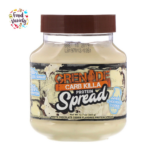 Grenade High Protein White Chocolate Spread 360g ไวท์ช็อกโกเเลตทาขนมปังผสมเวย์โปรตีนเเละคุกกี้ ไม่เติมน้ำตาล 360กรัม