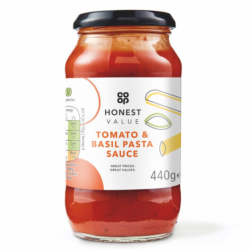 Co Op Honest Value Tomato & Basil Pasta Sauce 440g โค ออฟ ซอสพาสต้ามะเขือเทศและใบโหระพา 440 กรัม